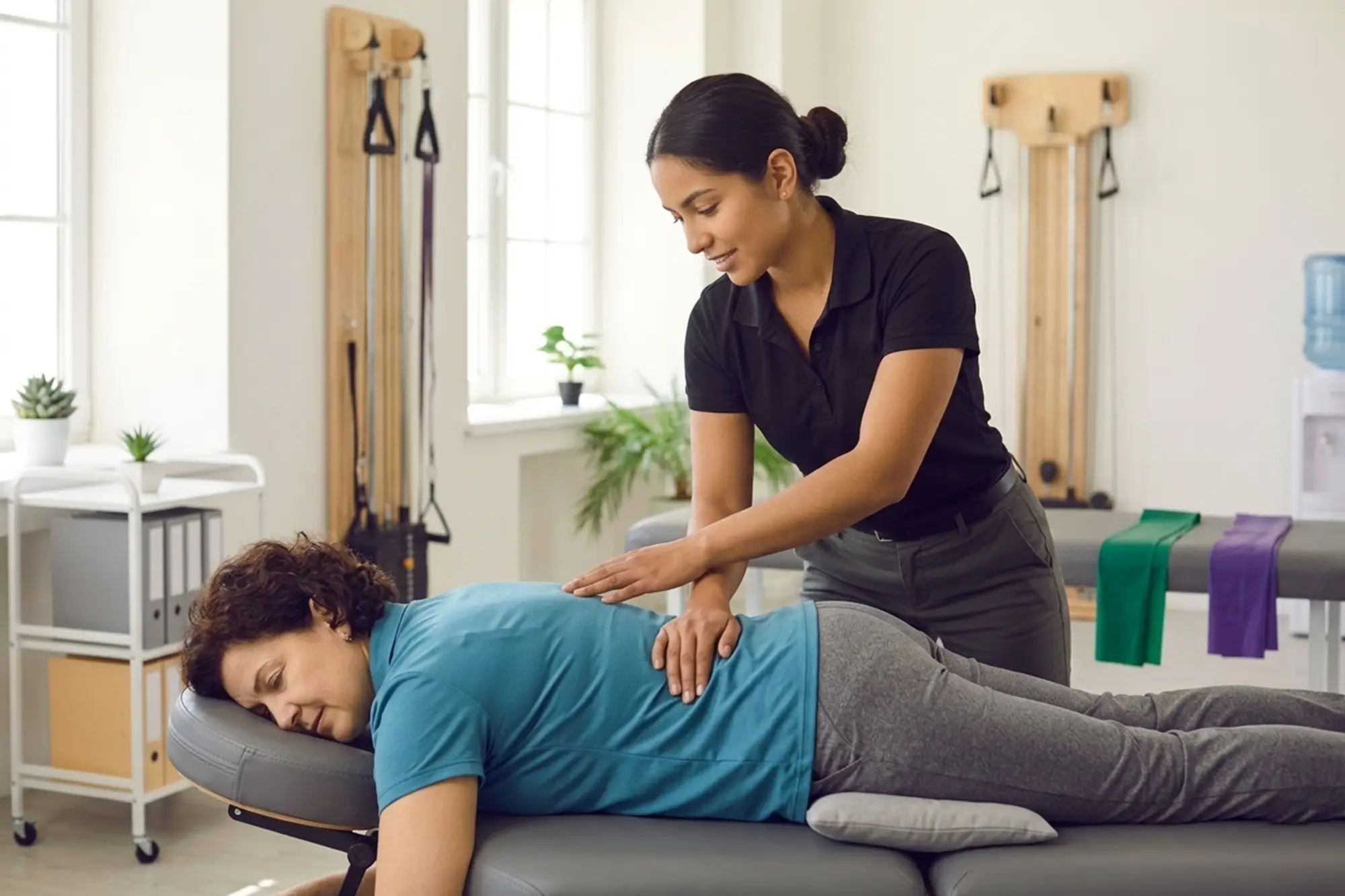 Physical therapist applying hands-on treatment to a patient's back