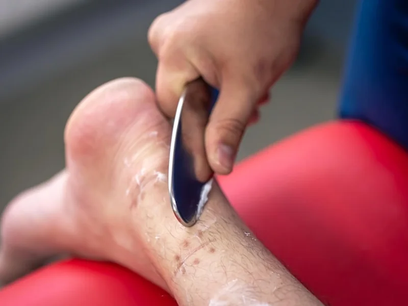 Soft tissue tool worked along a patient's Achilles tendon