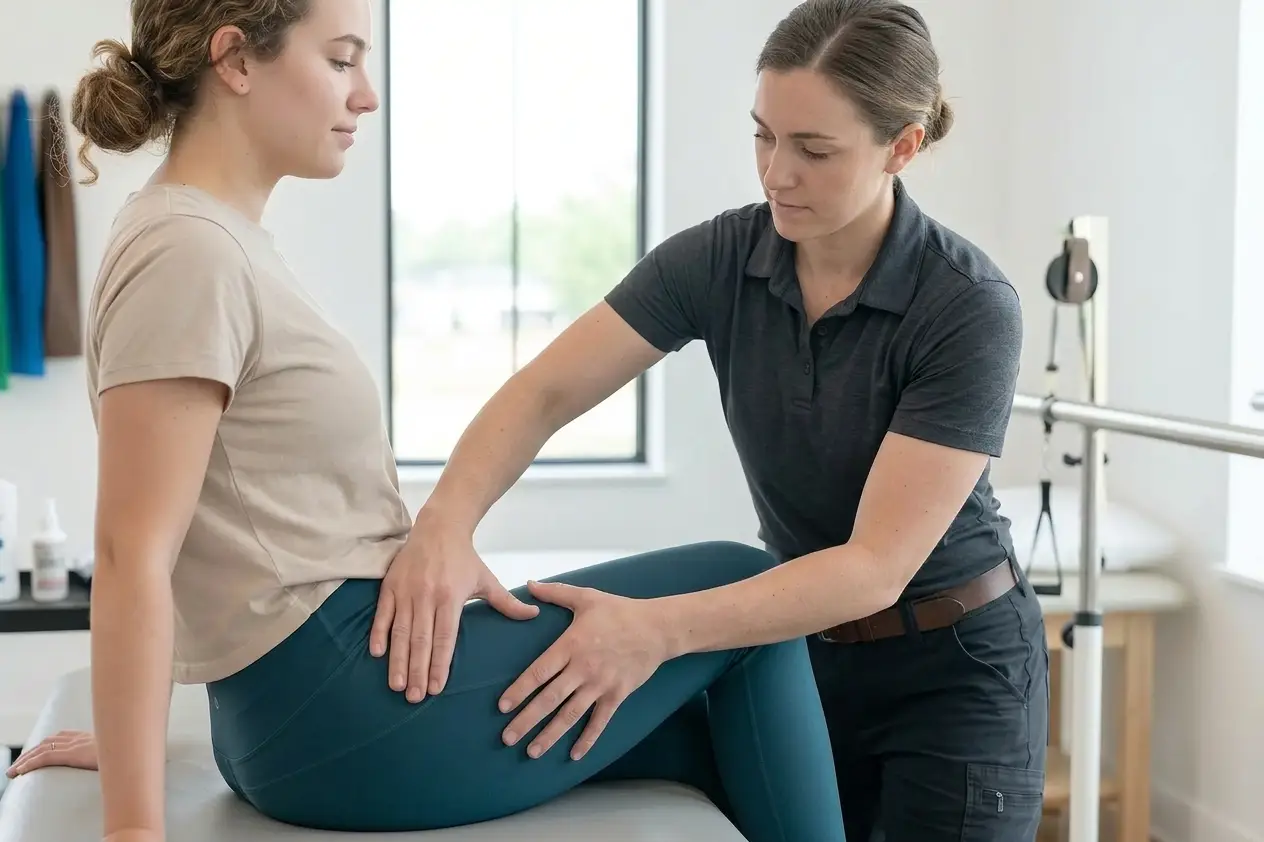 Physical therapist assessing a seated patient's hip