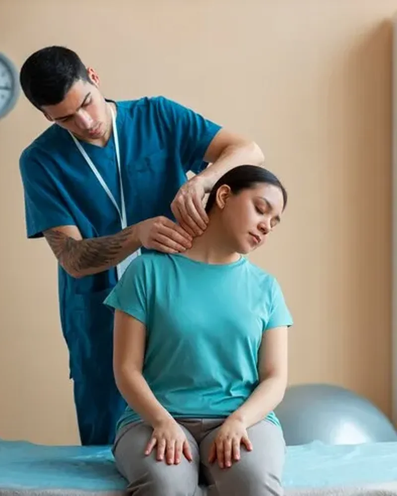 Clinician performing hands-on cervical treatment on a seated patient