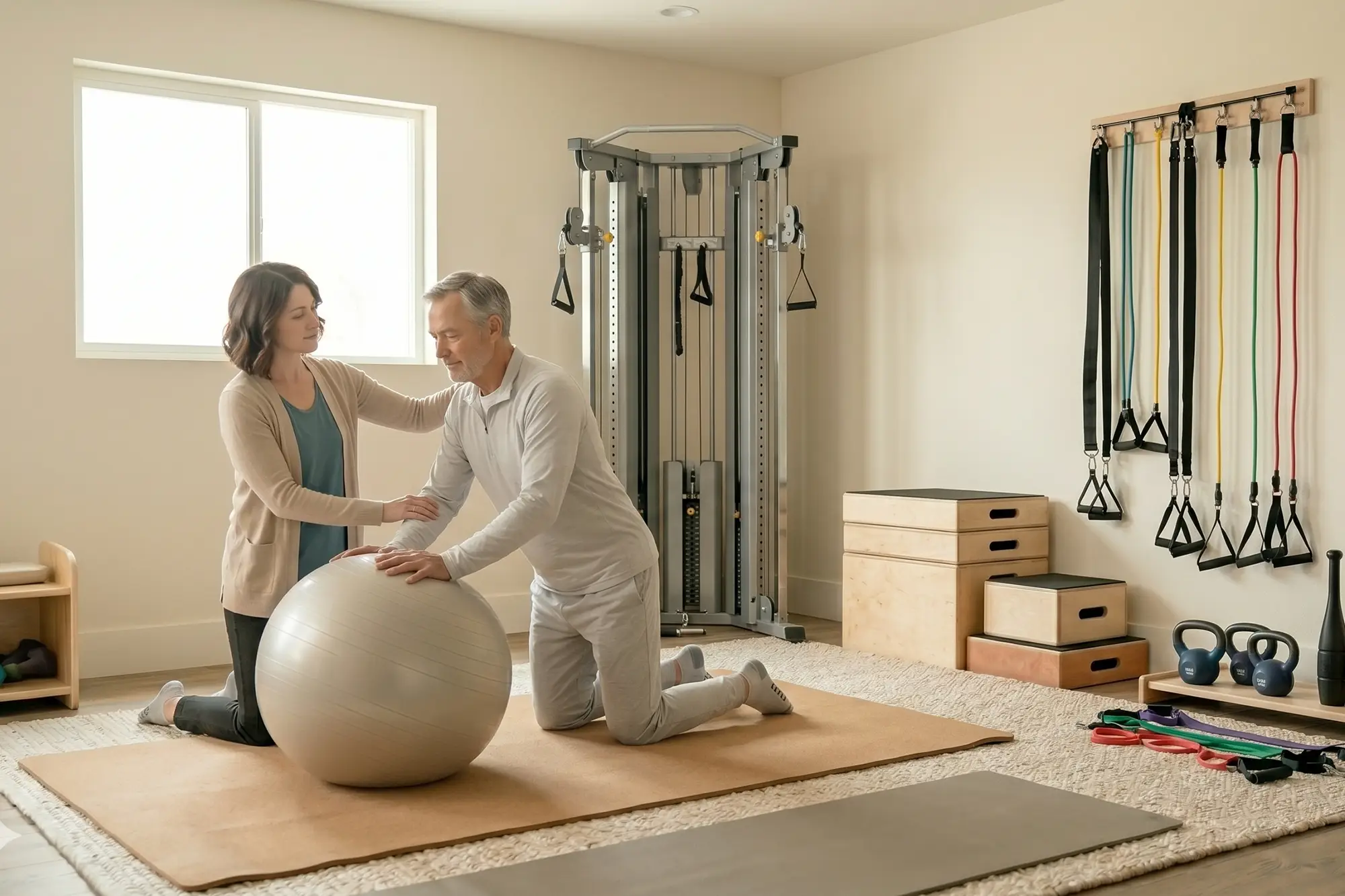 Physical therapist guiding a patient through a kneeling stability exercise on an exercise ball
