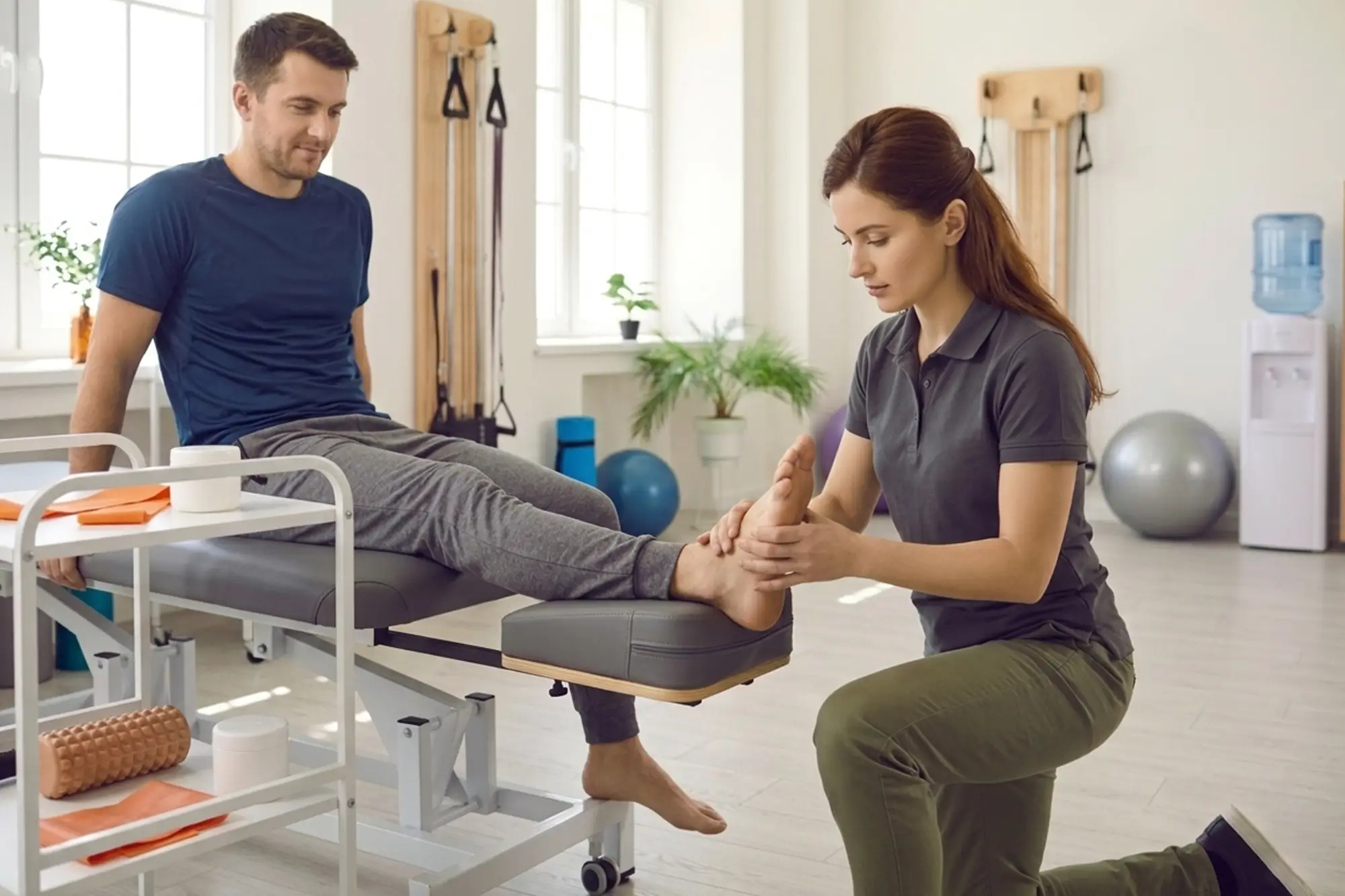 Physical therapist assessing a seated patient's foot and ankle