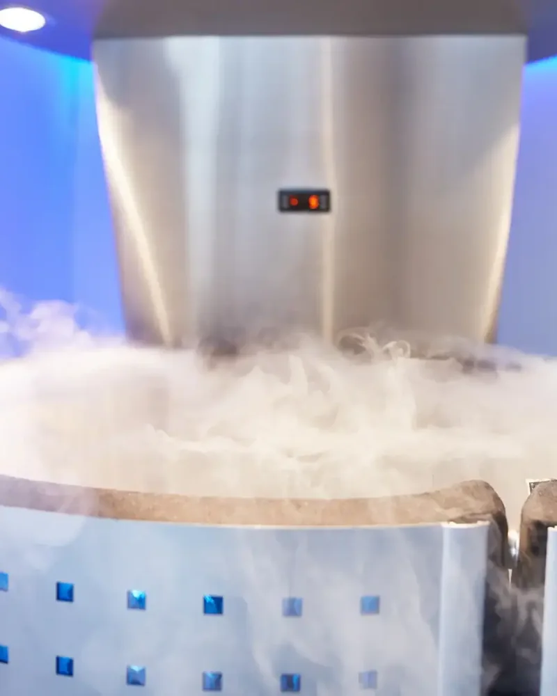 Whole-body cryotherapy chamber with vapour pouring over the rim