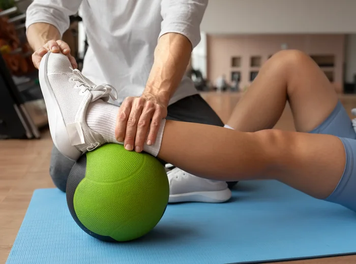 Therapist guiding a patient's leg over an exercise ball